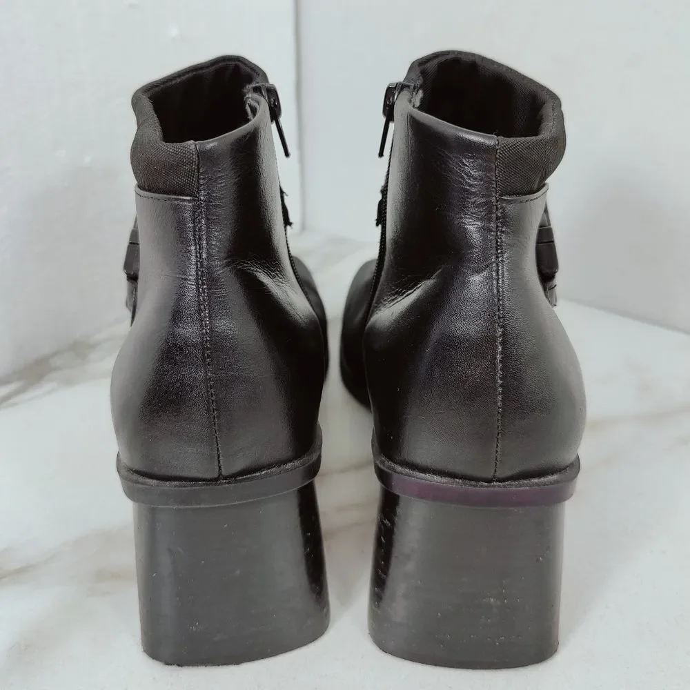 St. John's Bay Bailey Black Leather Fabric Chunky Heel Ankle Boots, Sz 11